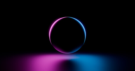glowing magenta blue 3D ball in backlight on a dark background, neon luminescent, abstract,...
