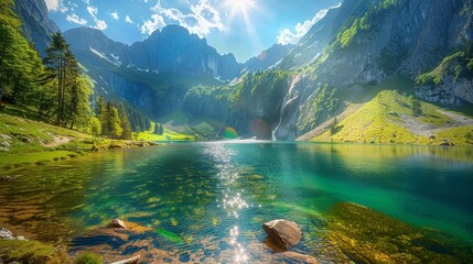 Great view of the azure pond Obersee glowing by sunlight. Popular tourist attraction. Picturesque and gorgeous scene. Location famous place Nafels, Mt. Brunnelistock, Swiss alps, Europe. Beauty world. - obrazy, fototapety, plakaty