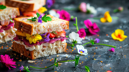 sandwiches with flowers on the table. selective focus.