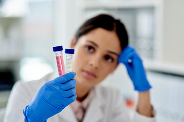 Science, vaccine and woman with test tube, liquid and results for medical study in laboratory....