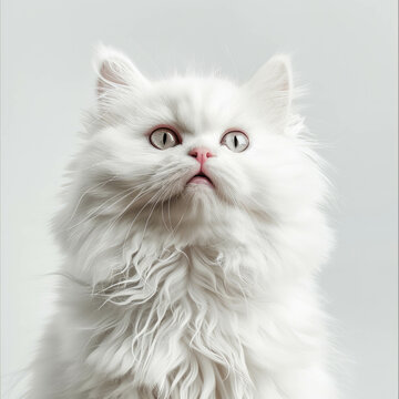 Experience the tranquility of a white Persian cat sitting upright, posing with a smile in this realistic photo against a white background. Dive into AI generative concepts for creative excellence.