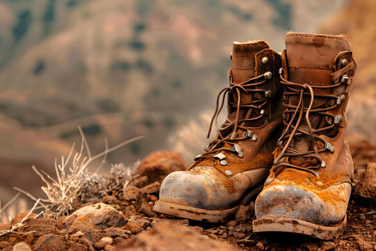 A pair of worn leather hiking boots, isolated on a rugged trail brown background, hinting at mountains conquered and journeys taken