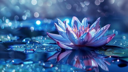 Magic flower on water with blue shining.