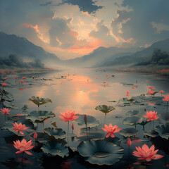 Paint a landscape of lotus flowers in a large lake with a natural mountain background the sky is full of clouds