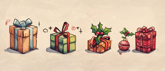 Christmas-themed drawing of gift box prop items.