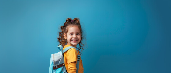little girl smiling on a blue background, school, back to school, education