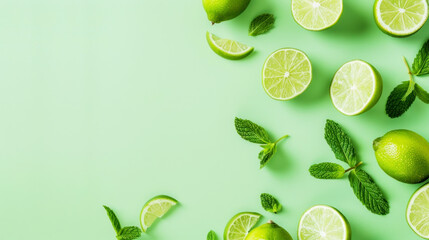 Flat lay template, frame with peppermint and limes on green background, Mojito cocktail - obrazy, fototapety, plakaty