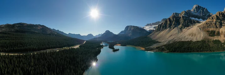 Deurstickers Incredible Panoramic aerial view of Bow Lake with the reflection of the mountains. © Hector
