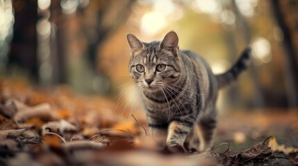 Naklejka na ściany i meble Tabby cat walking in the autumn forest with fallen leaves, shallow depth of field