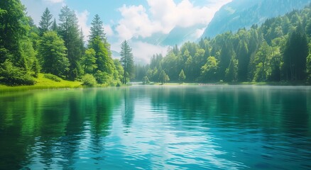 Beautiful summer morning, lake with a forest and mountain background. - obrazy, fototapety, plakaty