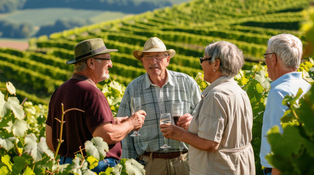 Group of senior, experienced wine journalists and critics on a vineyard