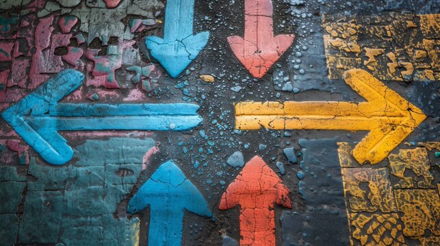 Colorful arrows painted on the wall of an abandoned building. Conceptual image