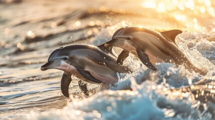 Group of dolphins frolicking in the surf, their playful antics capturing the joy of ocean life - obrazy, fototapety, plakaty
