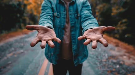 Hands of a man in a blue jacket on a background of autumn forest - obrazy, fototapety, plakaty