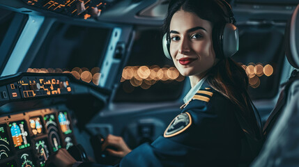 Smiling female pilot in cockpit of commercial plane