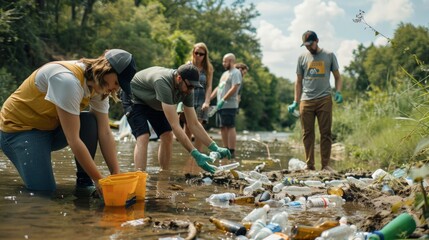 group of volunteers conducting a river cleanup, gathering floating bottles - Powered by Adobe