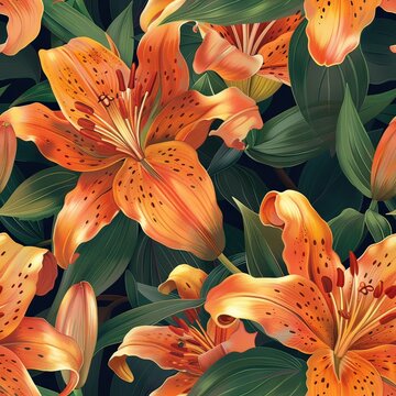 orange lilies illustration floral pattern backdrop. ai generated