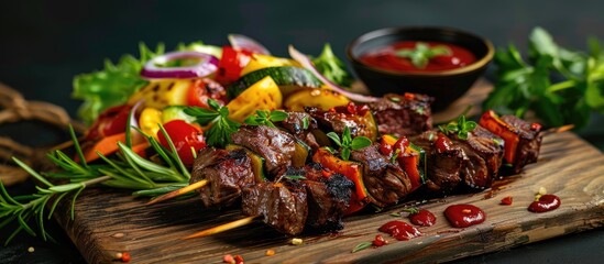 Beef shish kebab with vegetables and spices, grilled at home, served with barbecue sauce and...