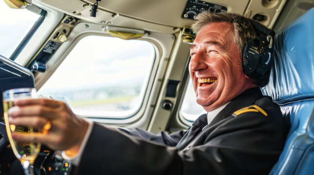 Grotesque image of a commercial pilot drinking wine in flight