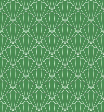 Art Deco seamless pattern design with green colored seashell motifs. Stylized floral seashell vector pattern.