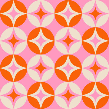 Retro mid century seamless pattern with stars and circles. Atomic age geometric seamless pattern repeat with pink and red shapes.