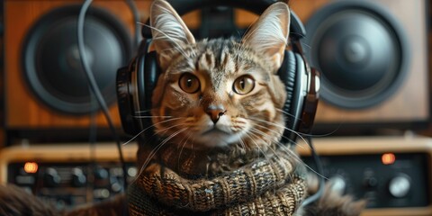 a cat listening to a music on massive headphones. a large stereo and speakers in the background - obrazy, fototapety, plakaty