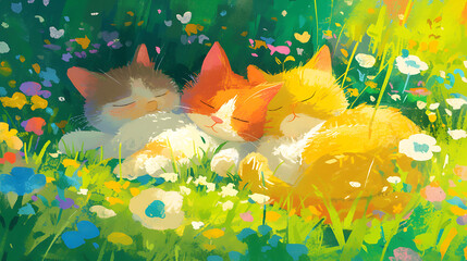 Fototapeta premium Sunlit Feline Meadow As the sun's golden rays embrace the day, tranquil cats lounge amidst a vibrant meadow, radiating peace in nature's lap.