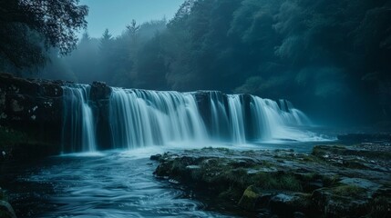 Fototapeta premium Long exposure shot of a waterfall at twilight, transforming flowing water into a dreamy, ethereal cascade