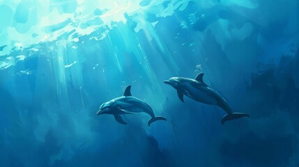 Majestic dolphins gracefully gliding through a vast expanse of blue, embodying the spirit of the sea