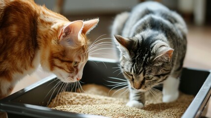 pair of curious cats investigating a new litter box filled with fine sand