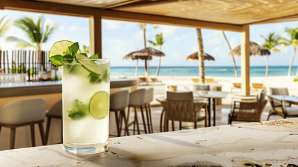 Mojito cocktail on bar counter, seaside resort