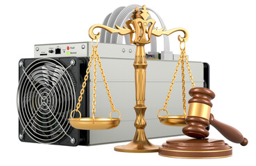 ASIC miner with wooden gavel and scales of justice. 3D rendering isolated on transparent background - 788378588