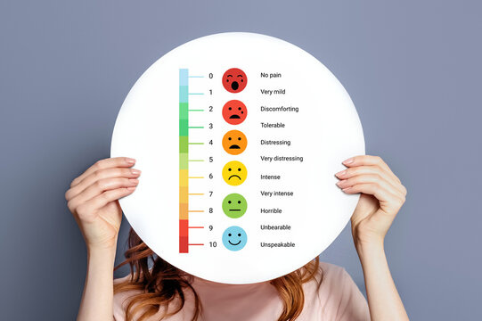 girl holding a poster with a pain measurement scale. mood scale