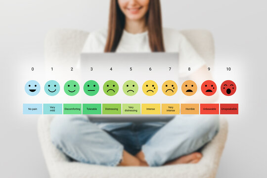 pain measurement scale. Colorful set of emotion icons. A girl with a laptop checks her mood scale