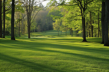 Green grass and woods on a golf field