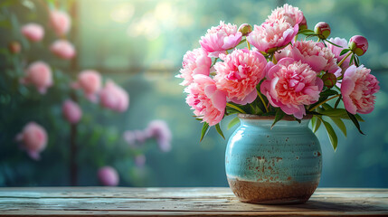 Bouquet of peonies in a vase on a wooden table - Powered by Adobe