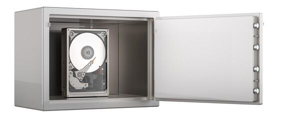 Hard Disk Drive HDD inside safe with combination lock, 3D rendering isolated on transparent background