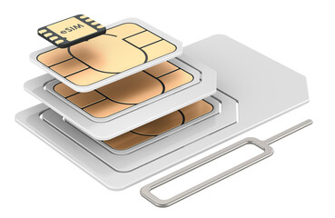 Stack of SIM cards with eject pin for mobile phone, 3D rendering isolated on transparent background