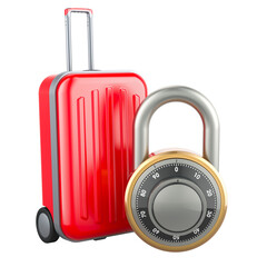 Suitcase with padlock. Baggage insurance concept, 3D rendering isolated on transparent background