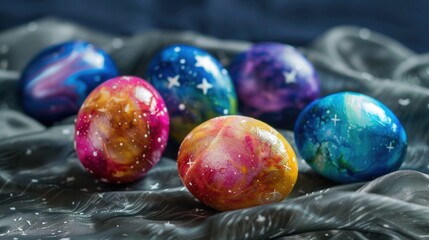 7 easter eggs painted in the colors of space 