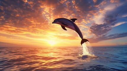 Silhouette of a dolphin breaching against a vibrant sunset sky, showcasing nature's breathtaking spectacle