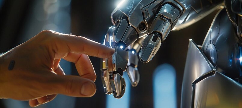 A human finger delicately touches the finger of a metallic robot finger. Humans and AI technology