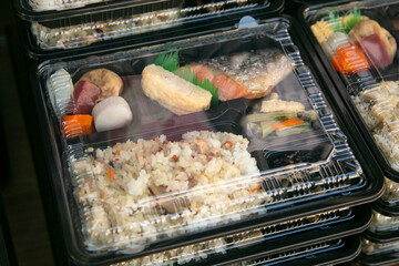 Bento is a ready-to-go portion of food, quite common in Japanese cuisine. Traditionally it usually includes rice, fish or meat, and a vegetable-based garnish or accompaniment.