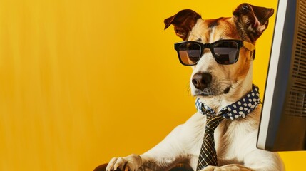 Cool dog in a shirt and tie working at a computer on a yellow background. - obrazy, fototapety, plakaty