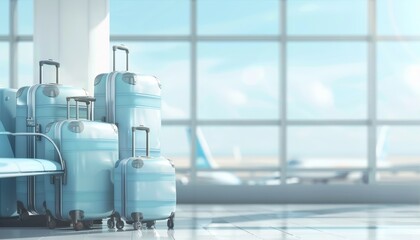 A row of blue suitcases are sitting on the floor in front of a window by AI generated image