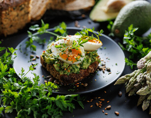 Sandwich made of sourdough rye bread with avocado, boiled egg and fresh herbs on a black plate, close up view - 788379775
