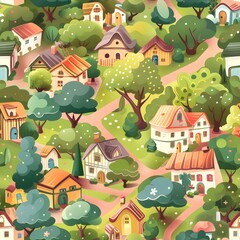 Houses on the hill in the cozy village with seamless pattern