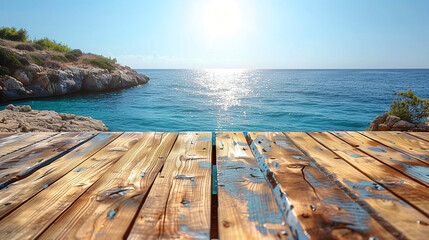 Fototapeta premium Wooden terrace on the background of the sea and blue sky