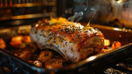 Tender pork loin roasting in the oven, filling the kitchen with rich, savory scents