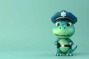 Obraz premium Cute 3D Render Dino Toy, Adorable Blue Dinosaur Policeman, T-Rex Character Isolated on Blue Background with Copy Space, Kids Fun and Education. 
